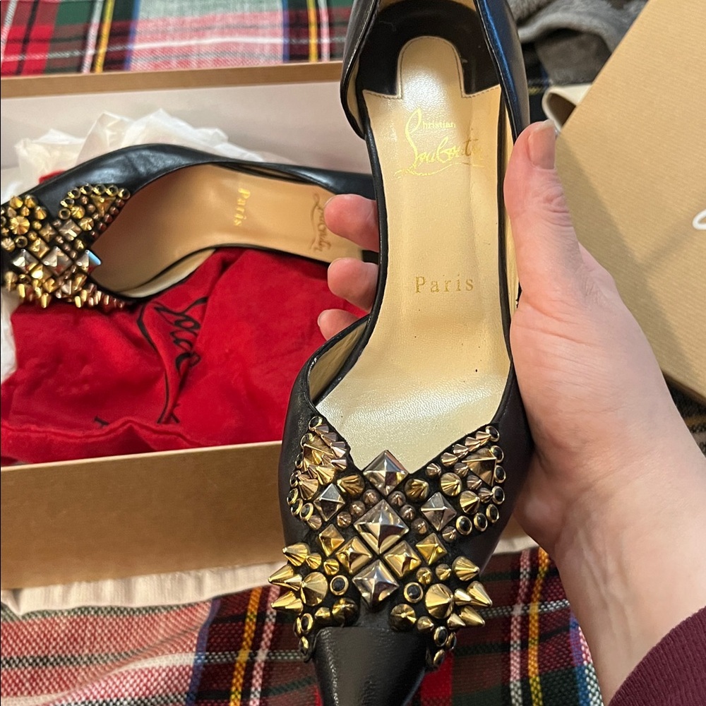 Christian Louboutin Black and Gold Studded Heels - Picture 3 of 10